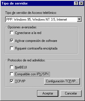 Mi PC - Acceso telefnico a redes - Propiedades de la nueva conexin - TIpo de servidor