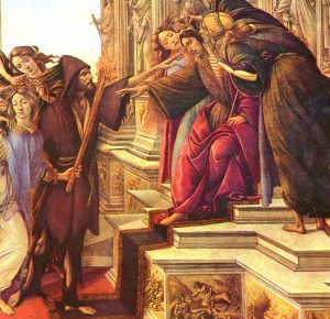 Fragmento del cuadro "La Calumnia de Apeles", una obra mitológica realizada por el pintor renacentista Sandro Boticelli. El personaje que aparece sentado quizá sea el rey Midas por las orejas de asno.