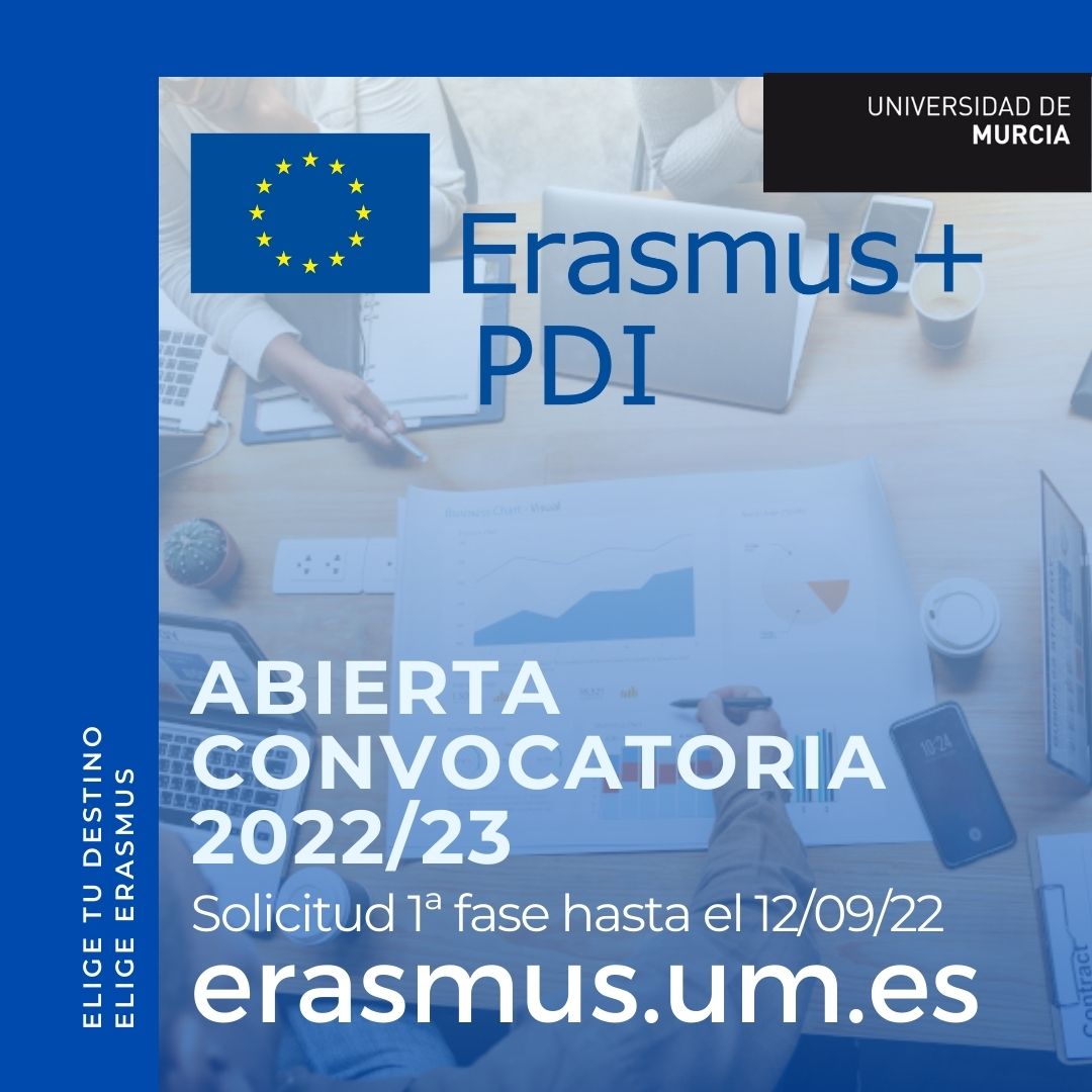Abierta la convocatoria de ayudas al PDI de la UMU para realizar actividades de formación del programa europeo Erasmus+ 2022/23 - Solicitud 2ª fase hasta el 1/12/22