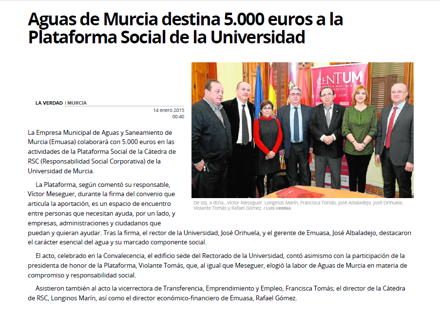Convenio colaboración Aguas de Murcia. Murcia, 14 de enero 2015