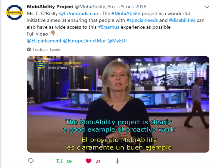 Tweet from the European Ombudsman, talking about the MobiAbility project and the Erasmus+ programe for students with and without disabilitiies