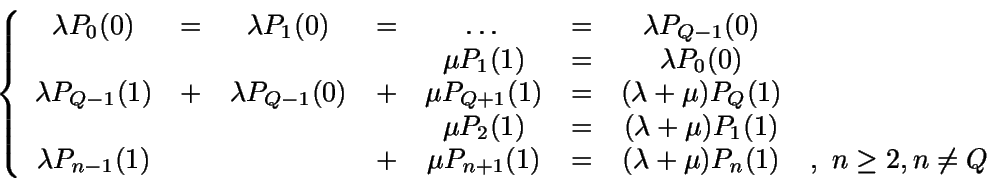 \begin{displaymath}\left \{ \begin{array}{cccccccc}\lambda P_0(0) & = & \lamb......a + \mu)P_n(1) & , \ n\geq 2, n \neq Q\end{array} \right. \end{displaymath}